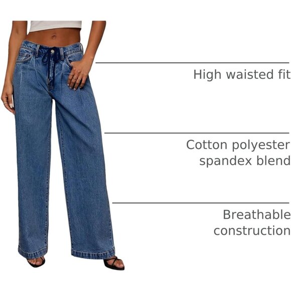 Women's Wide Leg High Waisted Elastic Waist Jeans Casual Baggy Denim - Picture 4 of 10
